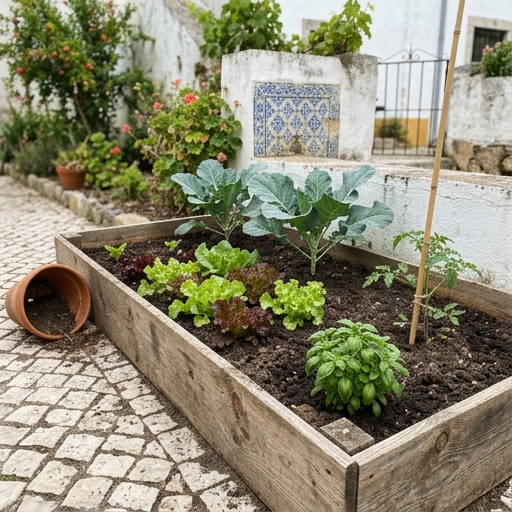 Canteiro elevado de madeira com alface (Lactuca sativa), couve-galega e manjericão num quintal pequeno em Portugal.