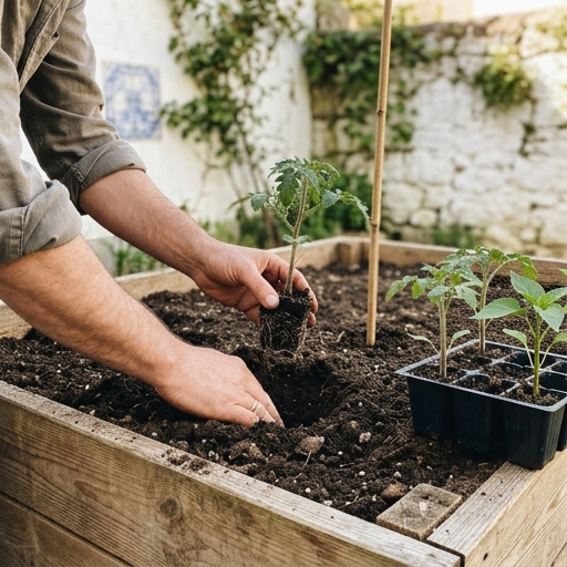 Mãos a transplantar uma muda de tomate (Solanum lycopersicum) para um canteiro de madeira num quintal português.