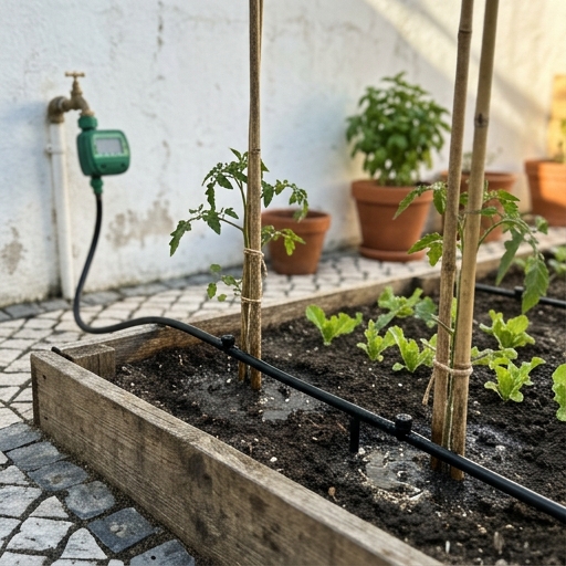 Sistema simples de rega gota-a-gota num canteiro de madeira com tomateiros num quintal em Portugal.