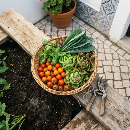 Cesto de vime com tomates-cereja (Solanum lycopersicum), alface e manjericão acabados de colher num quintal português.