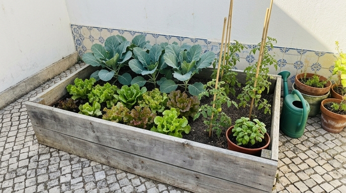 Pequena horta caseira num quintal português com couve-galega (Brassica oleracea), alface (Lactuca sativa) e tomate-cereja (Solanum lycopersicum).