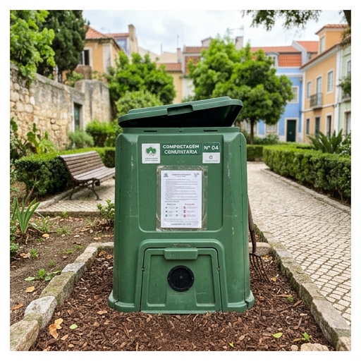 Compostagem Comunitária em Portugal: Como Participar 6 Tabela de informação afixada num compostor comunitário num parque urbano português.