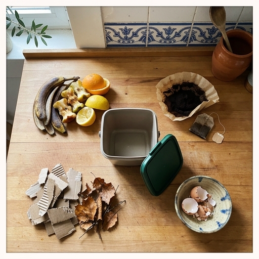 Compostagem Comunitária em Portugal: Como Participar 7 Balde de cozinha aberto sobre uma bancada com cascas de fruta, borra de café e cartão rasgado.