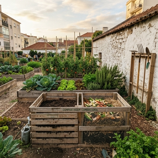 Compostagem Comunitária em Portugal: Como Participar 8 Compostor de madeira integrado numa horta urbana portuguesa com canteiros elevados de hortícolas atrás.