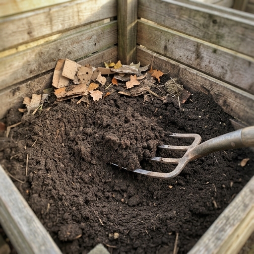 Compostagem Comunitária em Portugal: Como Participar 9 Composto maduro escuro a ser revolvido com um forcado num compostor comunitário de madeira.