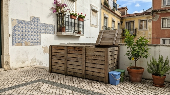 Compostor comunitário de madeira num pátio de bairro em Lisboa, com baldes de cozinha pousados ao lado.