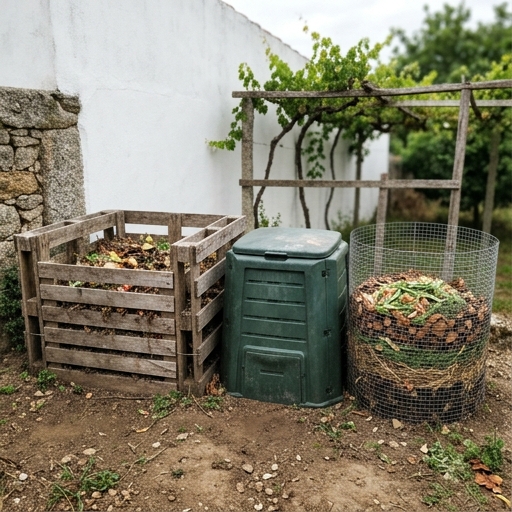 Como Começar a Compostar no Quintal: Guia para Iniciantes 7 Três tipos de compostor lado a lado num quintal — paletes de madeira, contentor plástico verde e estrutura circular em arame galvanizado.