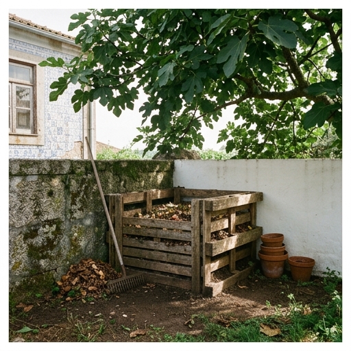 Como Começar a Compostar no Quintal: Guia para Iniciantes 8 Compostor de paletes colocado em meia-sombra sob uma figueira, no canto de um quintal português.