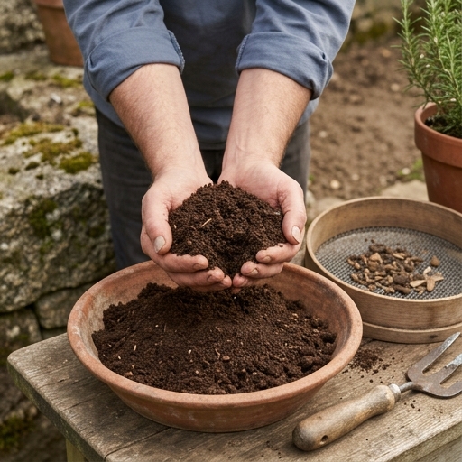 Como Começar a Compostar no Quintal: Guia para Iniciantes 10 Mãos a segurar uma mancheia de composto maduro escuro e granuloso sobre um alguidar de barro num quintal português.
