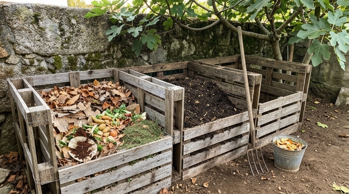 Compostor de três módulos em paletes de madeira gasta no canto de um quintal português, com parede de granito ao fundo.