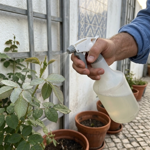 Controlo Orgânico de Pulgões: Salva Roseiras e a Horta Portuguesa 6 Pulverizador de gatilho a aplicar solução de sabão mole potássico na face inferior das folhas de uma roseira.