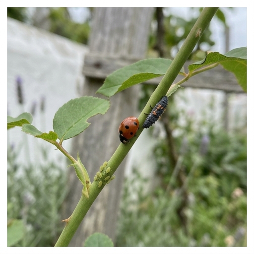 Controlo Orgânico de Pulgões: Salva Roseiras e a Horta Portuguesa 7 Joaninha-de-sete-pontos (Coccinella septempunctata) e larva de joaninha sobre um caule de roseira com uma colónia de pulgões verdes.