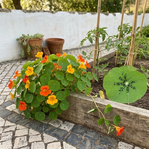 Controlo Orgânico de Pulgões: Salva Roseiras e a Horta Portuguesa 8 Chapéu-de-sol (Tropaeolum majus) em flor a servir de planta-isco junto a um canteiro de tomateiros num quintal português.