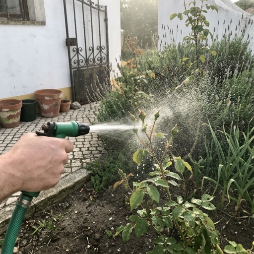 Controlo Orgânico de Pulgões: Salva Roseiras e a Horta Portuguesa 9 Mangueira de jardim a aplicar um jato firme de água sobre os rebentos de uma roseira para deslocar pulgões.