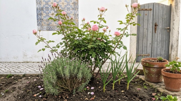 Roseira em flor com alfazema (Lavandula angustifolia) e bolbos de alho plantados na base, num quintal português.