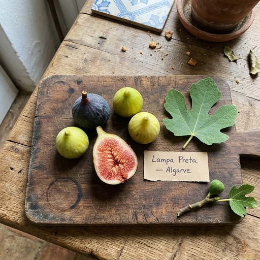 Figueiras em Portugal: A Árvore Frutífera Mais Fácil para Iniciantes 7 Figos roxos e verdes de variedades portuguesas (Ficus carica) numa tábua de madeira, com folhas palmadas ao lado.