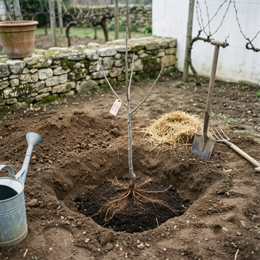 Figueiras em Portugal: A Árvore Frutífera Mais Fácil para Iniciantes 8 Figueira jovem (Ficus carica) plantada em raiz nua num buraco generoso, com pá de jardim e palhas em redor.