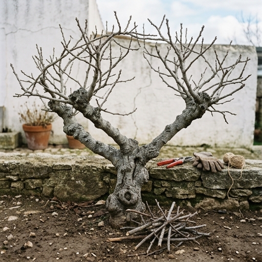 Figueiras em Portugal: A Árvore Frutífera Mais Fácil para Iniciantes 9 Tronco e ramos podados de figueira (Ficus carica) em janeiro, com tesoura de poda pousada num muro de pedra.