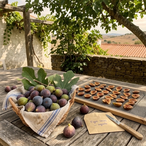 Figueiras em Portugal: A Árvore Frutífera Mais Fácil para Iniciantes 10 Figos maduros de variedades portuguesas (Ficus carica) num cesto de verga, ao lado de tabuleiro de figos a secar ao sol.