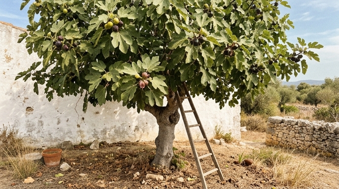 Figueira (Ficus carica) adulta num quintal português, com figos roxos maduros e folhas palmadas junto a um muro caiado.