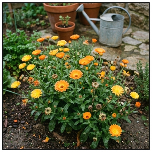 Flores de Inverno: Cor no Jardim de Dezembro a Fevereiro 7 Calêndulas (Calendula officinalis) laranja e amarelas em floração num canteiro de horta caseira em dezembro.