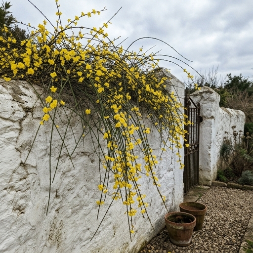 Flores de Inverno: Cor no Jardim de Dezembro a Fevereiro 19 Jasmim-de-inverno (Jasminum nudiflorum) com ramos arqueados cobertos de flores amarelas sobre muro caiado em janeiro.