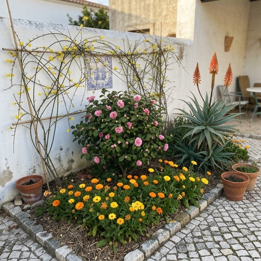 Flores de Inverno: Cor no Jardim de Dezembro a Fevereiro 25 Pequeno canteiro de inverno num pátio português a combinar calêndula, camélia, jasmim-de-inverno e aloé-arbóreo.