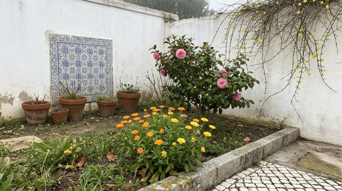 Canteiro de inverno em jardim português com calêndulas laranja, camélia rosa e jasmim-de-inverno amarelo junto a muro caiado.