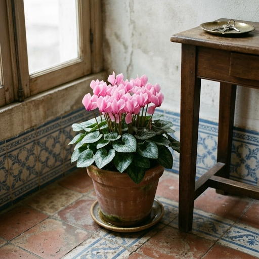 Ciclâmen rosa (Cyclamen persicum) em vaso de barro num hall de entrada português, junto a uma janela fresca.