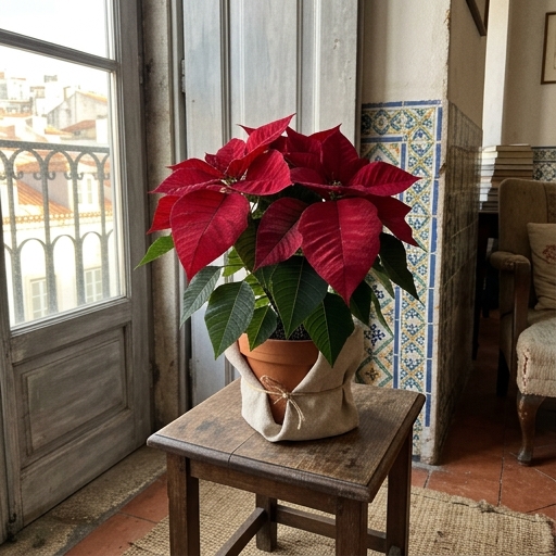 Poinsétia vermelha (Euphorbia pulcherrima) em vaso, junto a janela com azulejos numa sala de estar portuguesa.