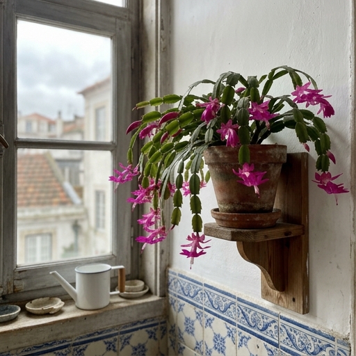 Cacto de Natal (Schlumbergera truncata) com flores tubulares magenta num vaso suspenso junto a janela portuguesa.