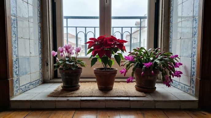 Ciclâmen, poinsétia e cacto de Natal em vasos de barro num parapeito de janela com azulejos azuis e brancos em Lisboa.