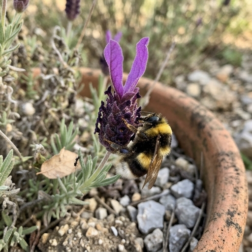 Inflorescência de rosmaninho (Lavandula stoechas) com brácteas roxas e abelhão a alimentar-se.