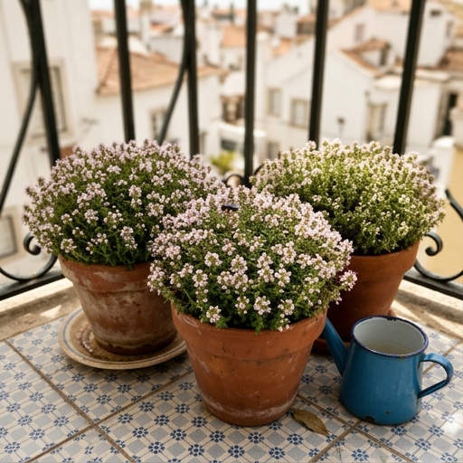 Vasos de barro com tomilho (Thymus vulgaris) em floração rosa-pálido numa varanda portuguesa.