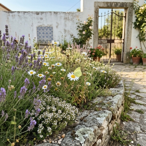 Canteiro doméstico português com alfazema, malmequer-do-campo e tomilho em sucessão de floração.