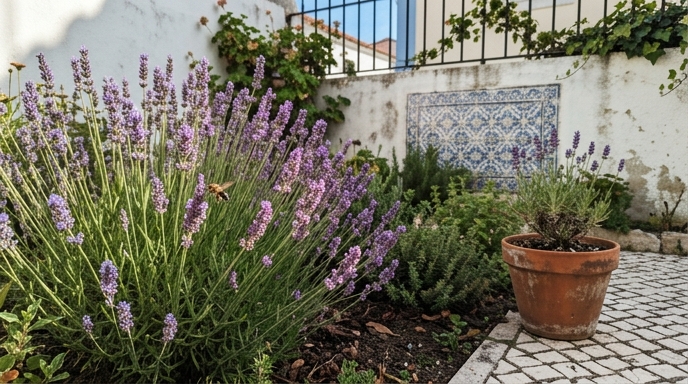 Canteiro de alfazema (Lavandula angustifolia) com abelha melífera ibérica em voo, num jardim português soalheiro.