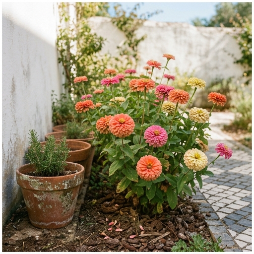 Zínias laranja e cor-de-rosa em pleno sol junto a vasos de barro num pátio português.