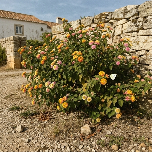 Lantana com cachos amarelos, laranja e rosa num jardim algarvio em pleno verão.