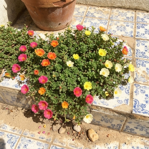 Portulaca em tapete rasteiro com flores rosa, amarelas e brancas sobre solo arenoso junto a azulejos.