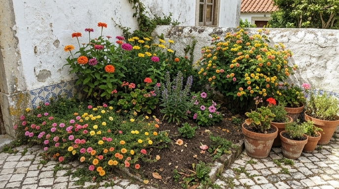 Canteiro de jardim português em pleno verão com zínias, lantanas e portulacas em flor sob sol intenso.