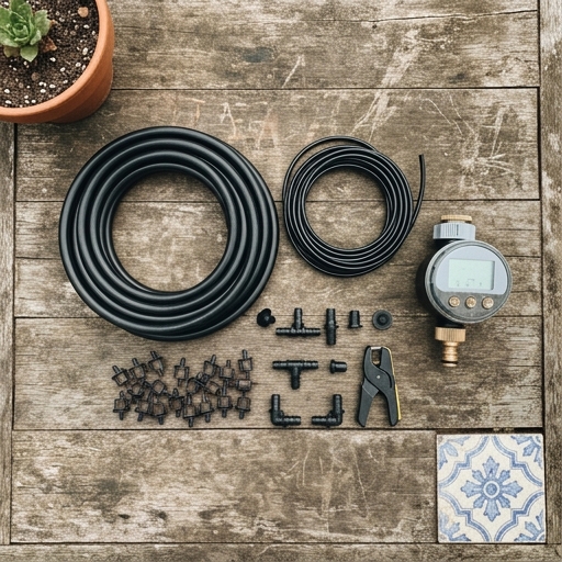 Componentes de um kit de rega gota-a-gota dispostos numa mesa de jardim: tubo de polietileno de 16 mm, ramificações de 4 mm, gotejadores auto-compensantes, tampões finais e programador a pilhas.