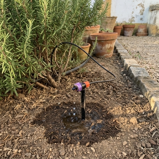 Gotejador a regar a base de um arbusto mediterrânico de alecrim (Rosmarinus officinalis) num jardim do litoral sul português.