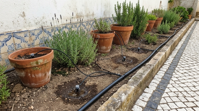 Sistema de rega gota-a-gota instalado num canteiro de alecrim (Rosmarinus officinalis) e alfazema (Lavandula angustifolia) num quintal português.