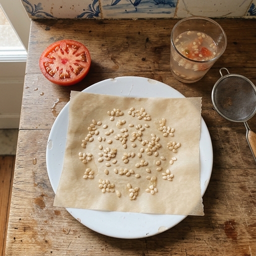 Guardar Sementes da Horta Portuguesa: Variedades Locais 6 Sementes de tomate a secar espalhadas numa folha de papel vegetal sobre um prato de cerâmica.
