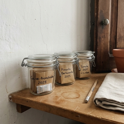 Guardar Sementes da Horta Portuguesa: Variedades Locais 8 Frascos de vidro com sementes secas e envelopes de papel craft etiquetados, num armário fresco de cozinha.