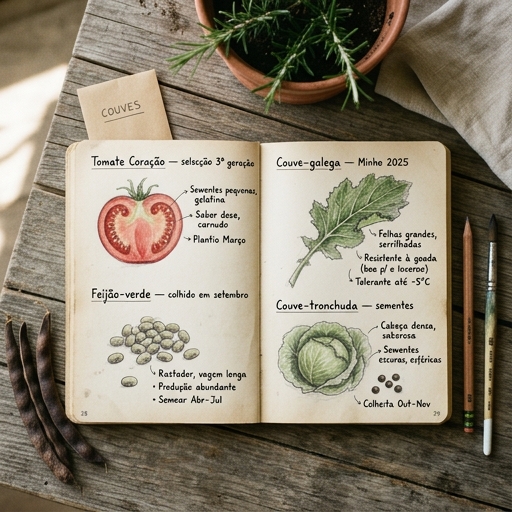 Guardar Sementes da Horta Portuguesa: Variedades Locais 9 Página de caderno de jardinagem com desenhos à mão de sementes e anotações em português sobre variedades locais.