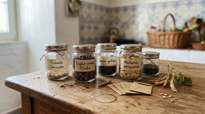 Frascos de vidro etiquetados com sementes de tomate, feijão e couve-portuguesa numa mesa rústica de cozinha portuguesa.