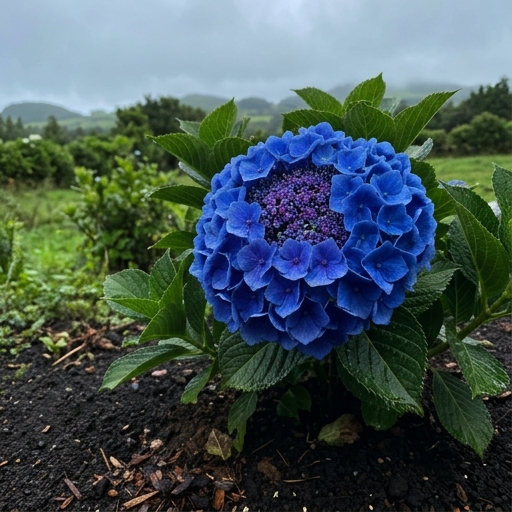 Pormenor de hortênsia (Hydrangea macrophylla) azul intenso a crescer em solo vulcânico escuro dos Açores.