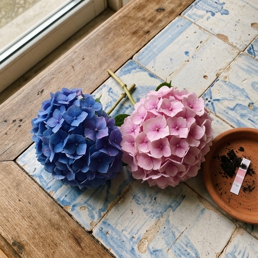 Comparação lado a lado de duas hortênsias (Hydrangea macrophylla), uma azul e outra cor-de-rosa, sobre azulejos antigos.
