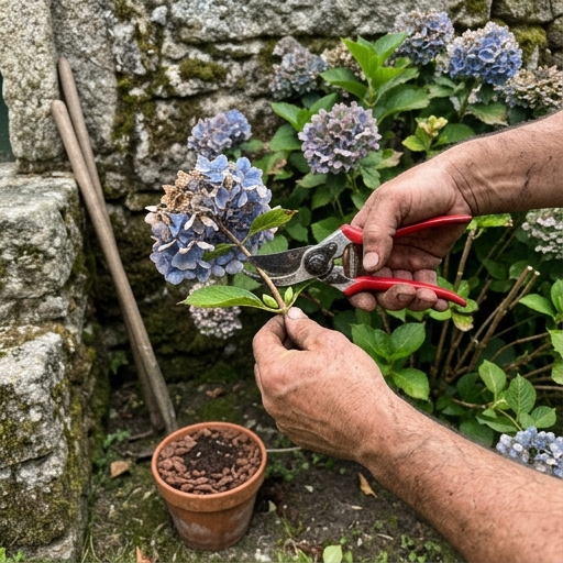 Mãos a podar uma hortênsia (Hydrangea macrophylla) com tesoura de jardinagem após a floração, junto a muro de granito.